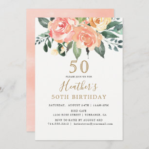 Invitación Elegante Peach y Gold Floral 50 cumpleaños