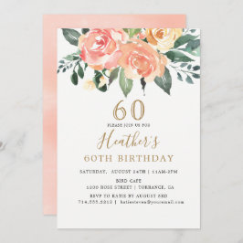 Invitación Elegante Peach y Gold Floral 60 cumpleaños