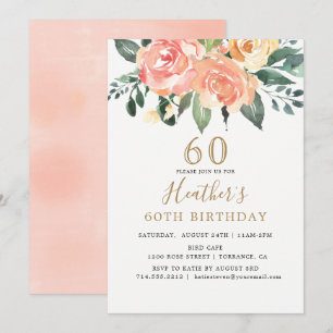 Invitación Elegante Peach y Gold Floral 60 cumpleaños