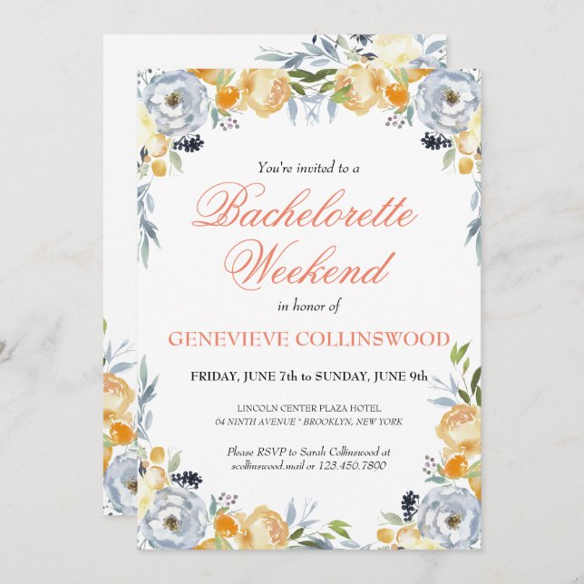 Invitación Elegante PeachFloral Bachelorette Fin de Semana It (Anverso / Reverso)