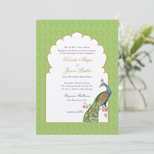 Invitación Elegante Peacock boda indio Mint Green (Anverso de pie)