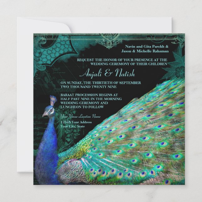 Invitación Elegante Peacock con Boda indio de los pergaminos (Anverso)
