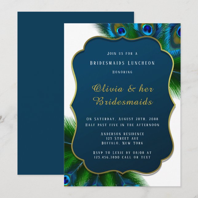 Invitación Elegante Peacock Feathers Gold Bridesmaids Luncheo (Anverso / Reverso)