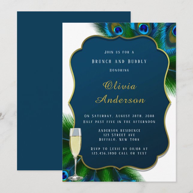 Invitación Elegante Peacock Feathers Gold Brunch & Bubbly (Anverso / Reverso)