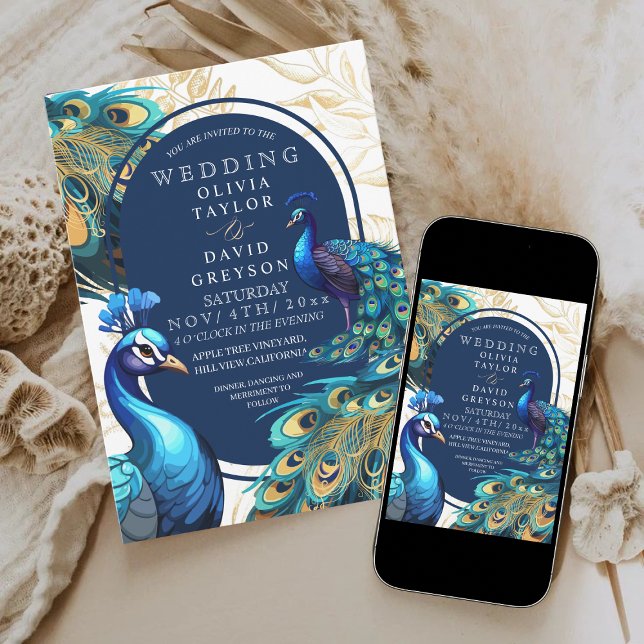 Invitación Elegante Peacocks Gold Fethers Flora Boda (Subido por el creador)