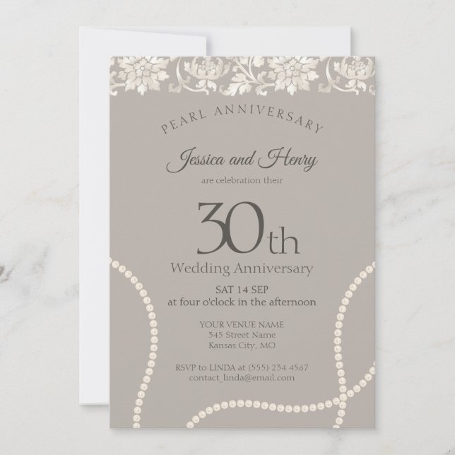 Invitación Elegante Pearl 30 aniversario boda taupe (Anverso)