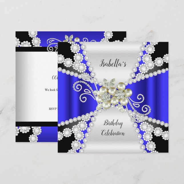 Invitación Elegante Pearl Azul Nacimiento de Diamante Blanco  (Anverso / Reverso)