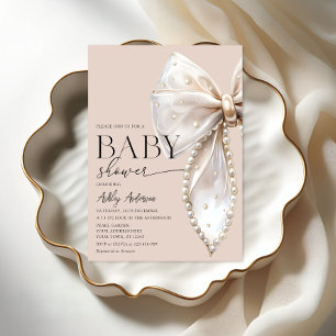 Invitación Elegante Pearl Bow Beige Neutral Baby Shower