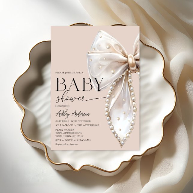 Invitación Elegante Pearl Bow Beige Neutral Baby Shower (Subido por el creador)