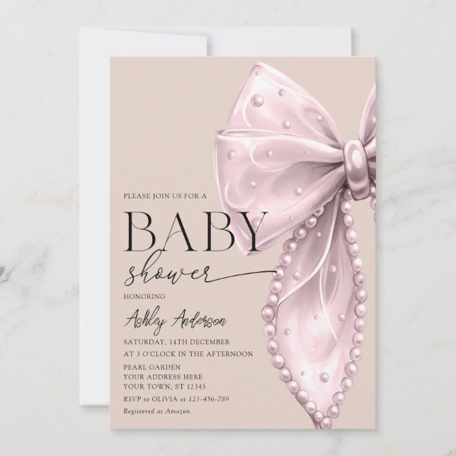 Invitación Elegante Pearl Bow Beige Rubor Baby Shower (Anverso)