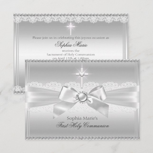 Invitación Elegante Pearl Bow y Primera Santa Comunión (Anverso / Reverso)