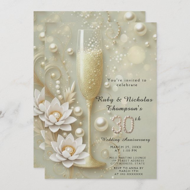 Invitación Elegante Pearl & Champagne Glass 30 Boda Anniv (Anverso / Reverso)