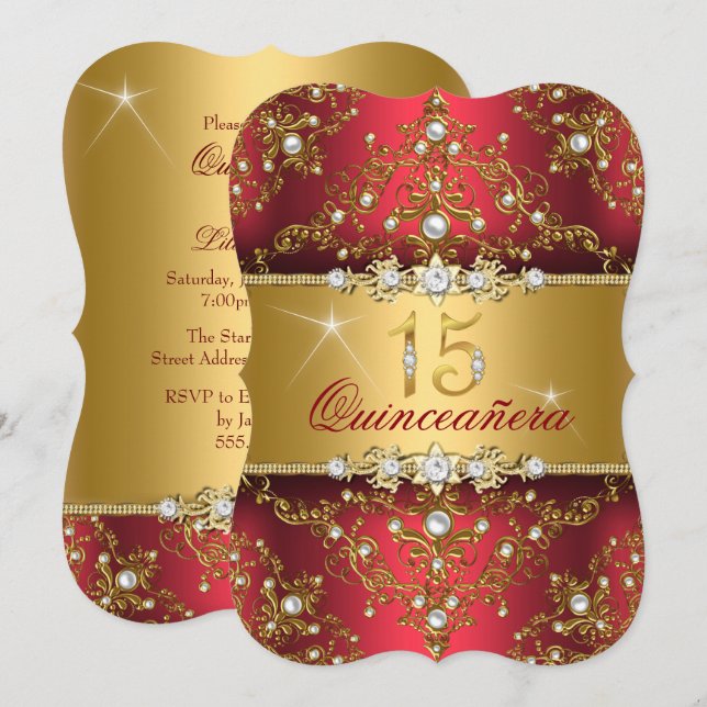 Invitación Elegante Pearl Damask Ruby Red Quinceanera (Anverso / Reverso)