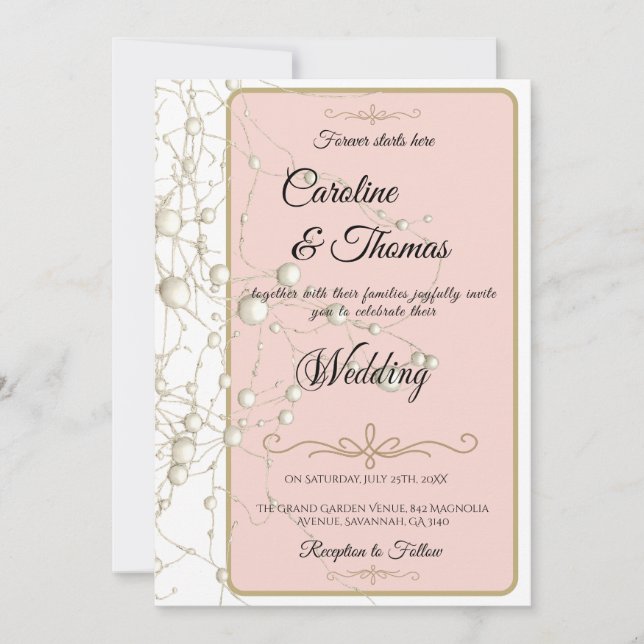 Invitación Elegante Pearl Gold Script Boda Perlas románticas (Anverso)