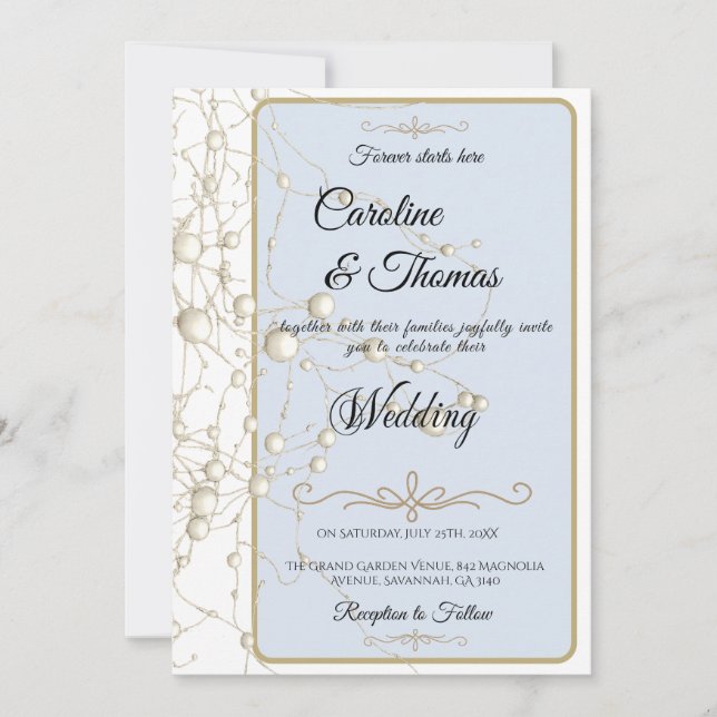 Invitación Elegante Pearl Gold Script Boda Perlas románticas (Anverso)
