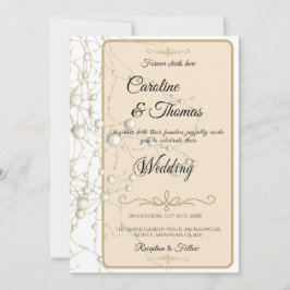 Invitación Elegante Pearl Gold Script Boda Perlas románticas
