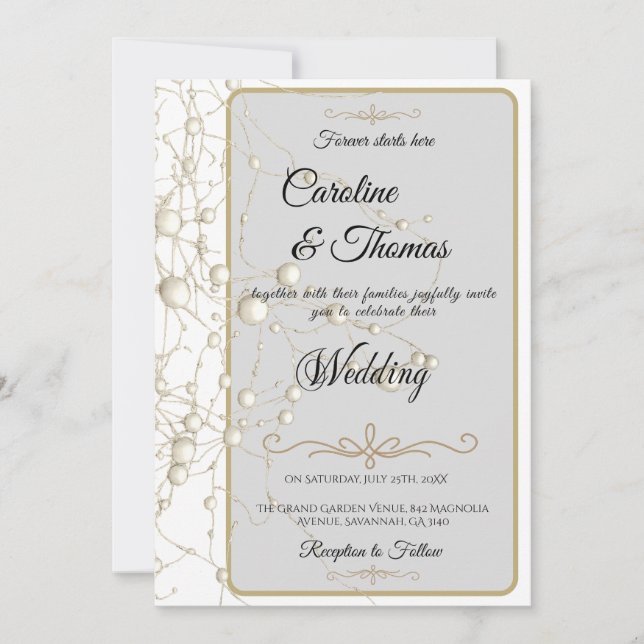 Invitación Elegante Pearl Gold Script Boda Perlas románticas (Anverso)