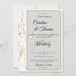 Invitación Elegante Pearl Gold Script Boda Perlas románticas