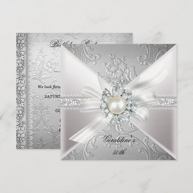 Invitación Elegante Pearl White Silver 50 cumpleaños (Anverso / Reverso)
