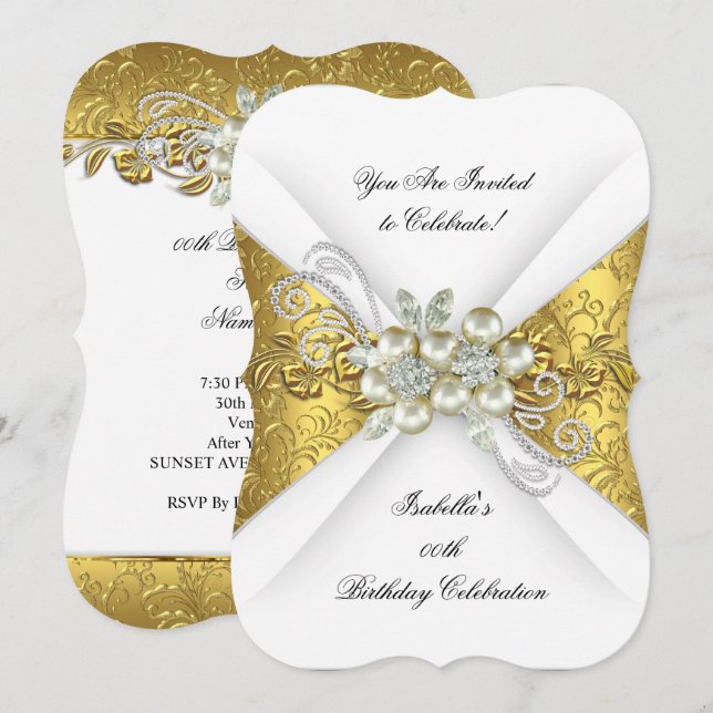 Invitación Elegante Pearl Yellow Gold White Diamond Cumpleaño (Anverso / Reverso)
