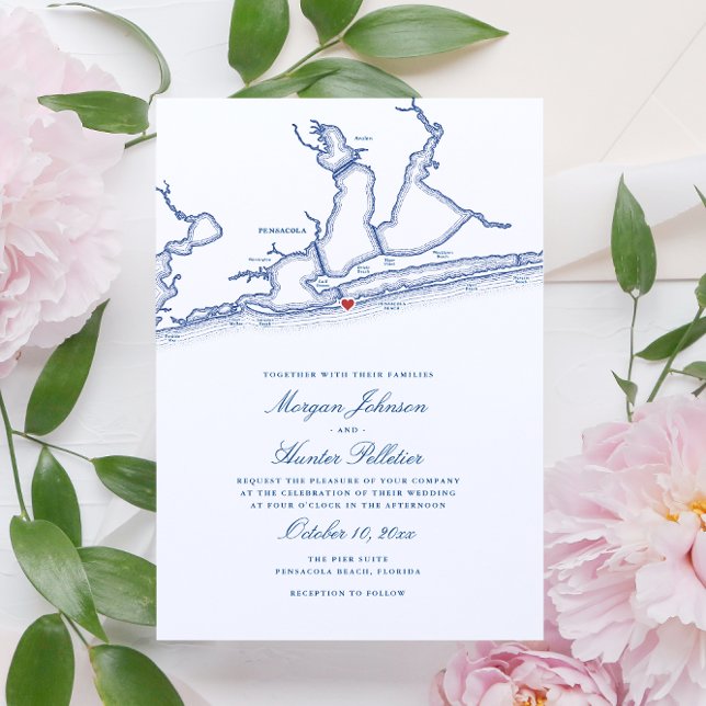 Invitación Elegante Pensacola Beach FL Map Boda (Elegant Pensacola Beach FL Wedding Invitations with navy blue map by Coastal Map Designs)