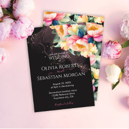 Invitación Elegante Peonía Acuarela en Negro | Boda