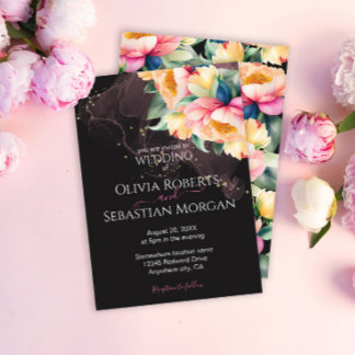Invitación Elegante Peonía Acuarela en Negro | Boda