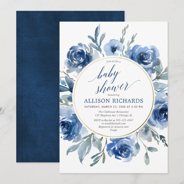 Invitación Elegante peonías florales azules de la marina niño (Anverso / Reverso)