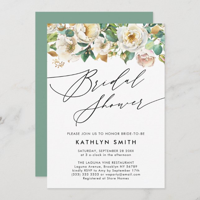 Invitación Elegante Peony Botany Greenery Bridal Shower (Anverso / Reverso)
