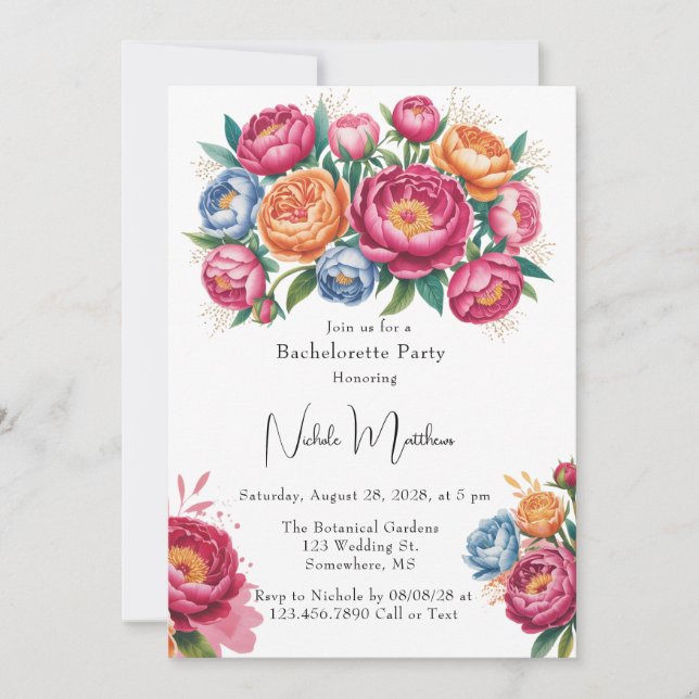 Invitación Elegante Peony Bouquet Bachelorette (Anverso)