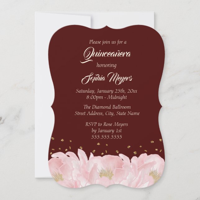 Invitación Elegante Peony de Oro Rosa de Borgoña Quinceanera (Anverso)