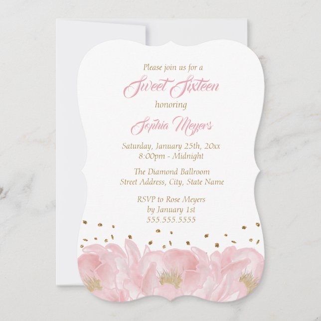Invitación Elegante Peony de Oro Rosa Dulce (Anverso)