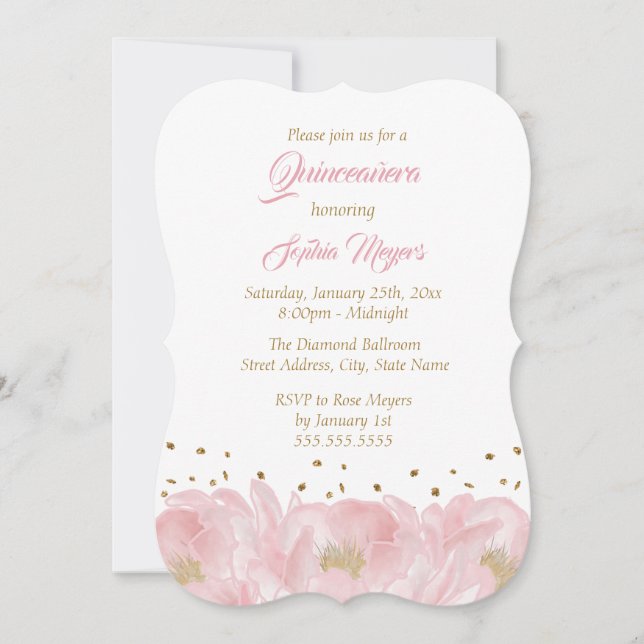 Invitación Elegante Peony de Oro Rosa Quinceanera (Anverso)