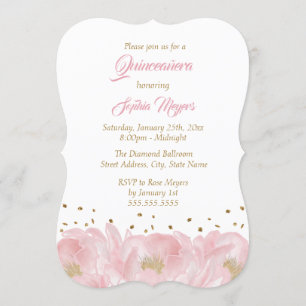 Invitación Elegante Peony de Oro Rosa Quinceanera