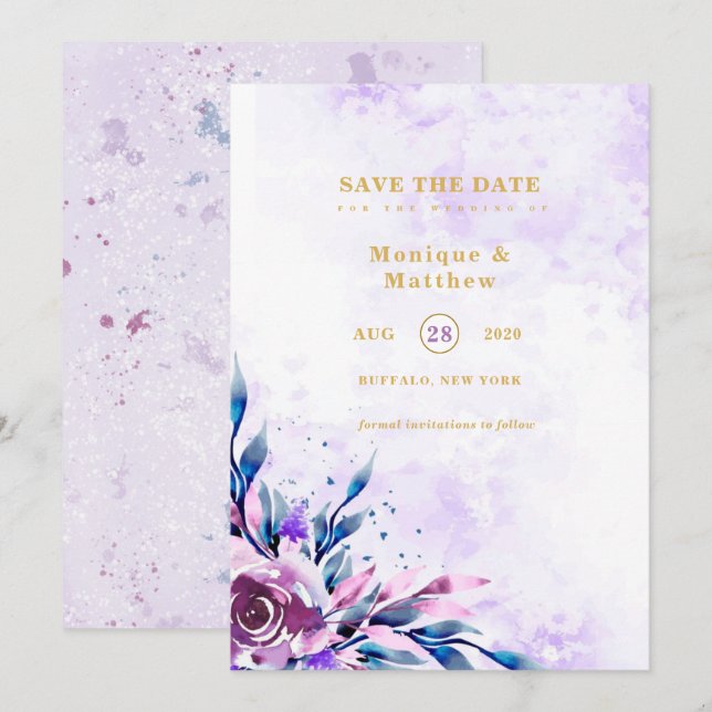 Invitación Elegante Peony De Verano Púrpura Salva La Fecha In (Anverso / Reverso)