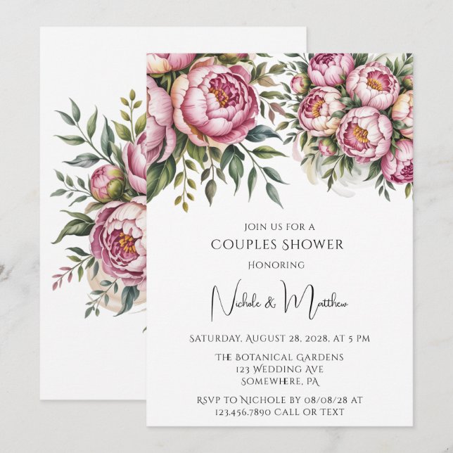 Invitación Elegante Peony Floral Arranque Ducha Parejas (Anverso / Reverso)