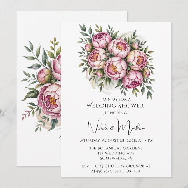 Invitación Elegante Peony Floral Arreglo ducha de bodas (Anverso / Reverso)
