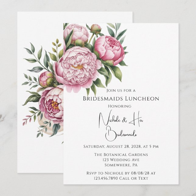 Invitación Elegante Peony Floral Bridesmaids Luncheon (Anverso / Reverso)