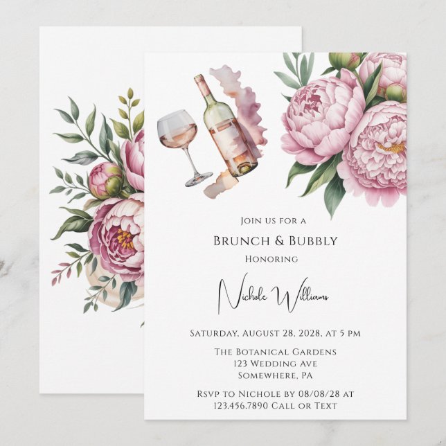 Invitación Elegante Peony Floral Brunch & Bubbly (Anverso / Reverso)