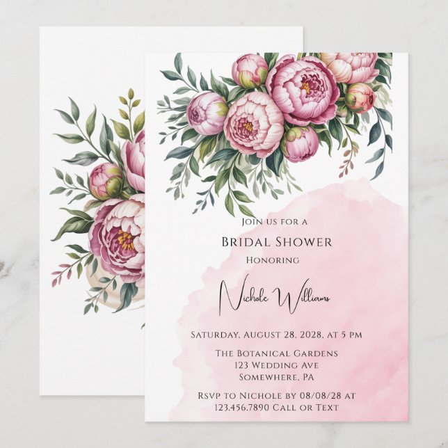 Invitación Elegante Peony Floral Brunch & Bubbly (Anverso / Reverso)
