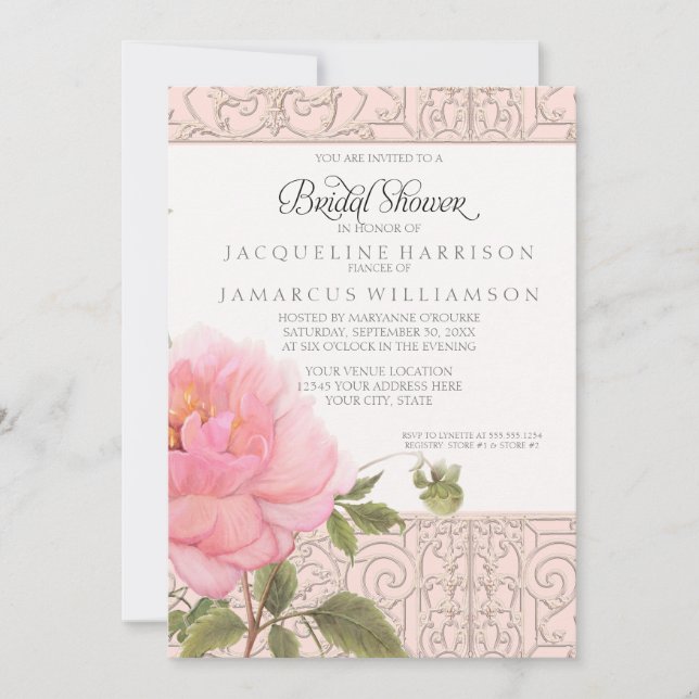 Invitación Elegante Peony Pink Floral w Greenery Bridal Showe (Anverso)
