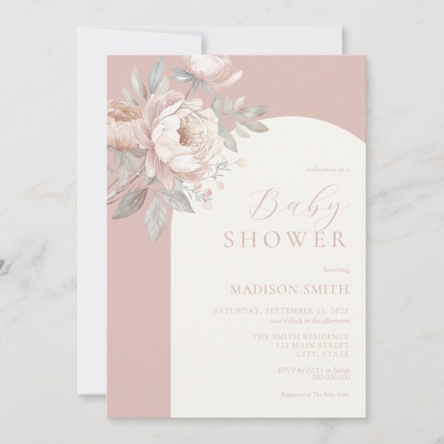 Invitación Elegante Peony Rosa Dusty Pink Baby Shower (Anverso)