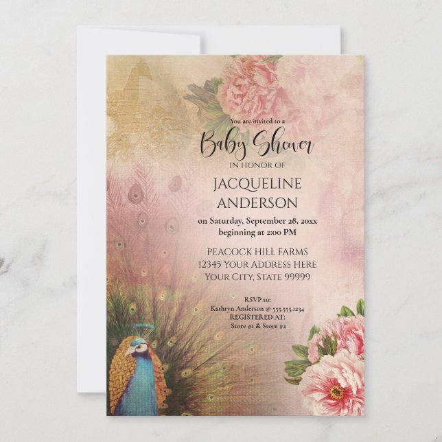 Invitación Elegante Peony Rubor Peony Flores Baby Shower (Anverso)