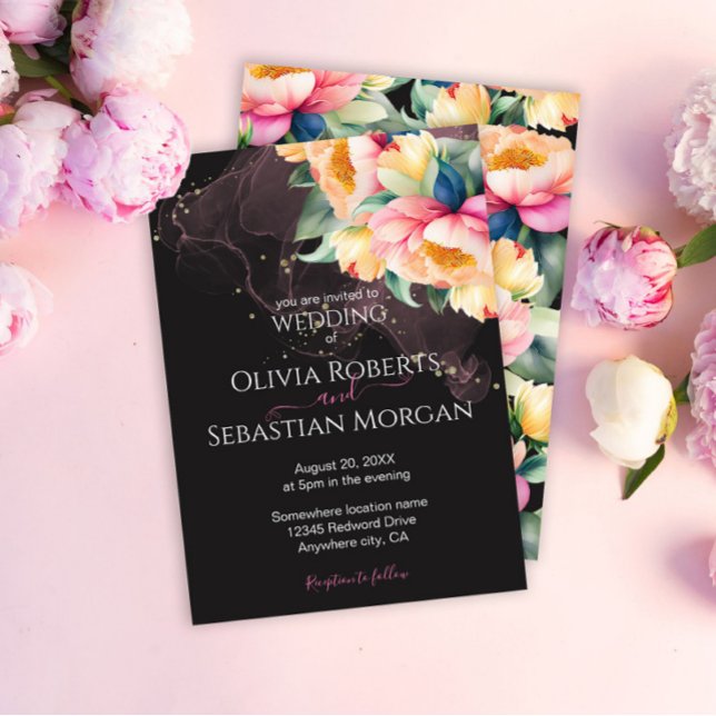 Invitación Elegante Peony Watercolor en negro | BODA (Subido por el creador)
