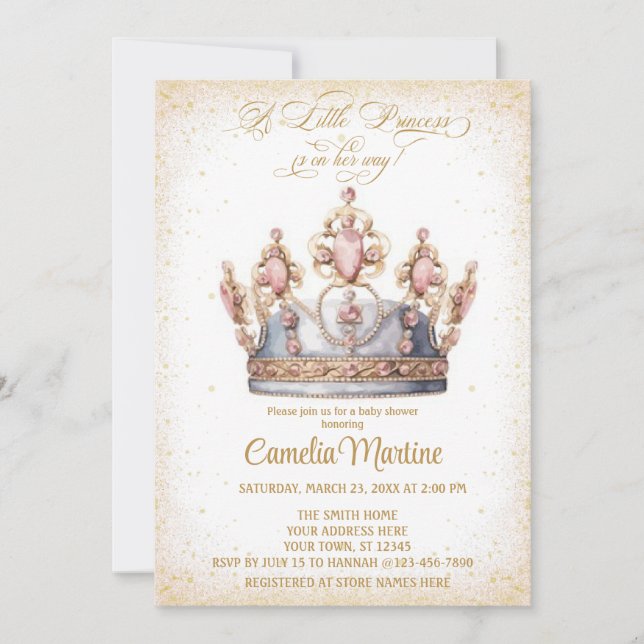 Invitación Elegante Pequeña princesa rosa y ducha de bebé dor (Anverso)