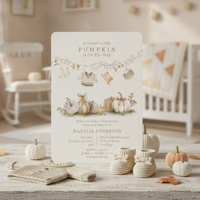 Invitación Elegante Pequeño Calabaza de ropa Baby Shower (Elegant Little Pumpkin Boy Clothesline Baby Shower Invitation)