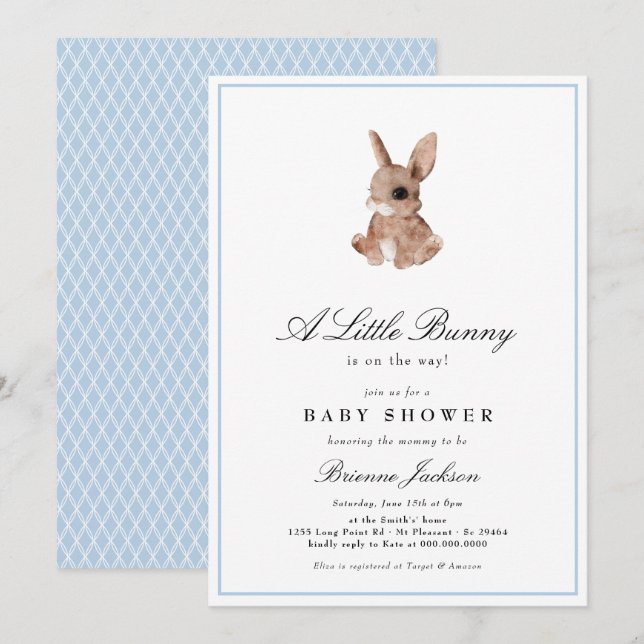 Invitación Elegante pequeño conejito azul Baby Shower  (Anverso / Reverso)