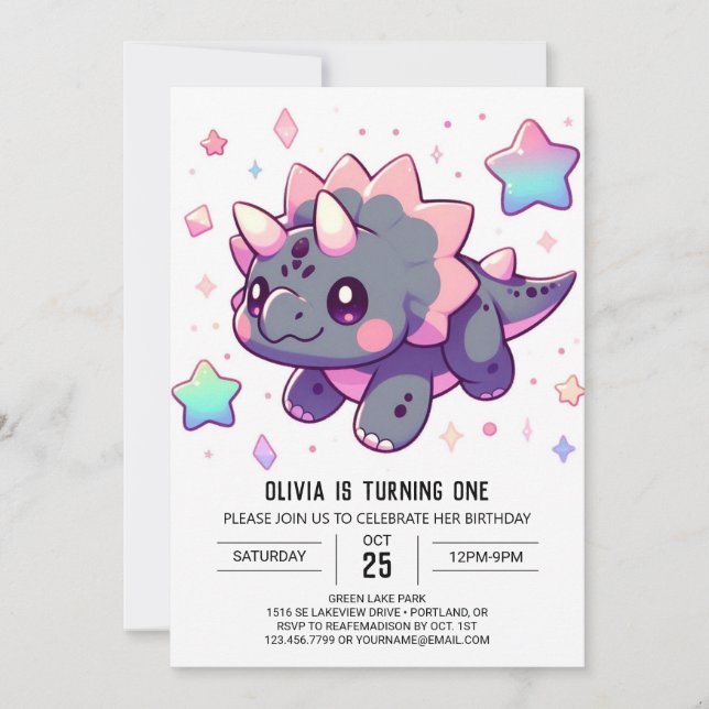 Invitación Elegante Pequeño Dinosaurio Primer Cumpleaños (Anverso)