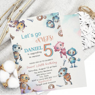 Invitación Elegante Pequeño Robot Watercolor Bebé Cumpleaños