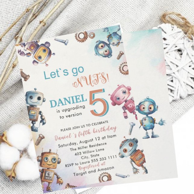 Invitación Elegante Pequeño Robot Watercolor Bebé Cumpleaños  (Subido por el creador)